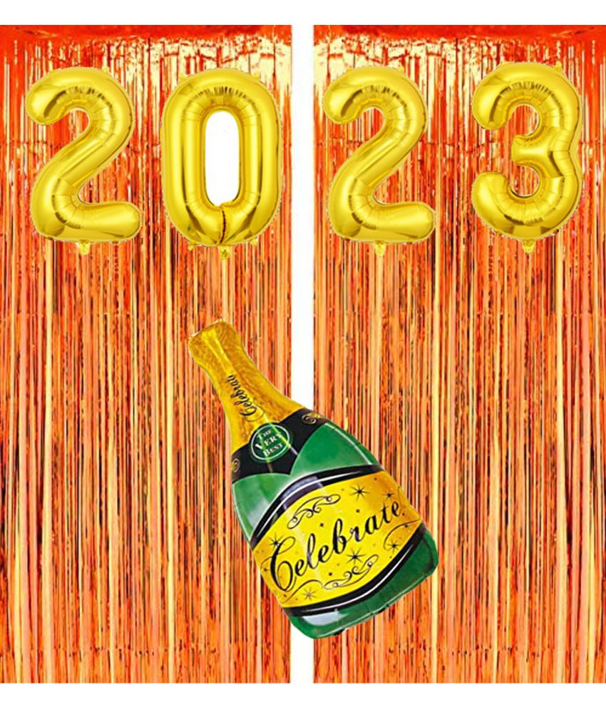     			Kiran Enterprises Foil Number-2023 ( Gold ) +2 pcs Fringe Curtain + Foil Balloon Bottle ( Green,Gold )