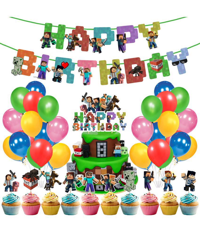     			Zyozi Pixel Style Gamer Birthday Party Supplies for Game Fans,37 Pcs Minecraft Theme Birthday Party Decorations for Boys - Banner, Cake Topper, Cupcake Toppers and Balloons