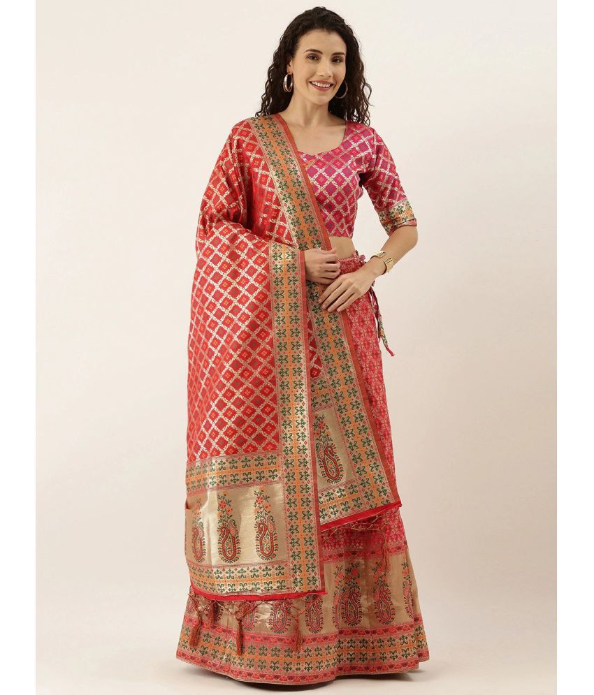     			Om Shantam Sarees Woven Design  Jacquard, Art Silk SemiStitched Lehenga Choli Pink Art Silk Chaniya Choli Semi Stitched Lehenga Single