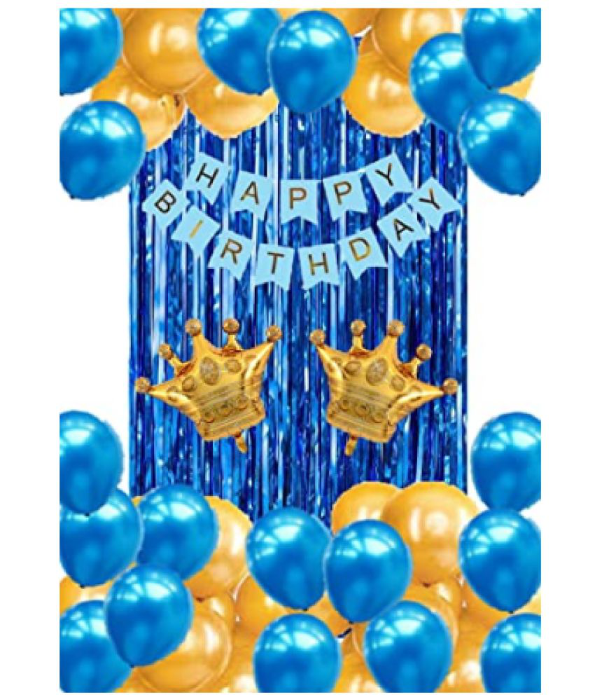     			Jolly Party   blue golden Happy Birthday Decoration Combo Kit with crown, banner, balloons, 24 pcs for Birthday Decoration