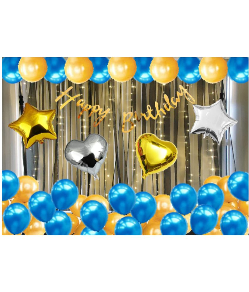     			Jolly Party  blue silver golden Happy Birthday Decoration Combo Kit with hearts stars banner balloons 35 pcs for Birthday Decoration