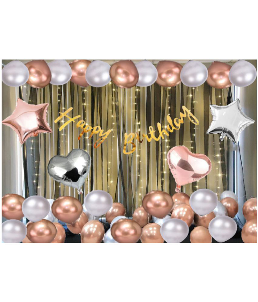     			Jolly Party   rosegold silver Happy Birthday Decoration Combo Kit with Banner, Balloons, stars 35pcs for Birthday Decoration