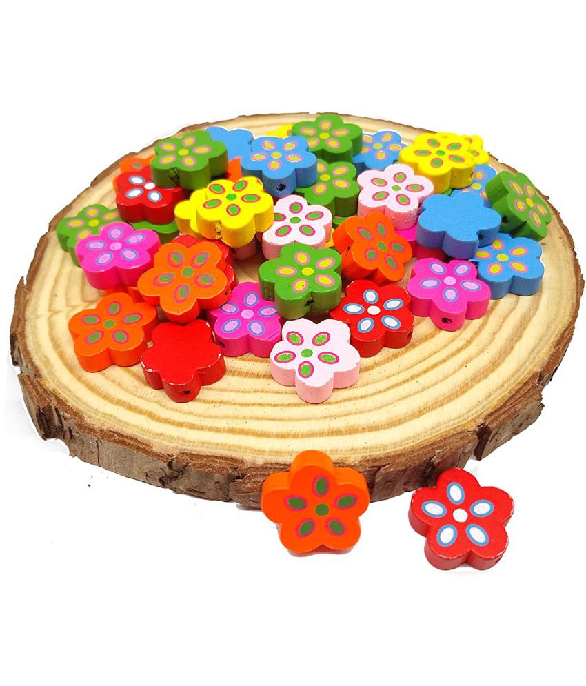     			PRANSUNITA Designer Wooden Colorful Beads Buttons Used for Art and Crafts, Pendant Jewelry, Vandanwar Making, DIY Crafts Project etc. Pack of 45 pcs – Shape-New Flower