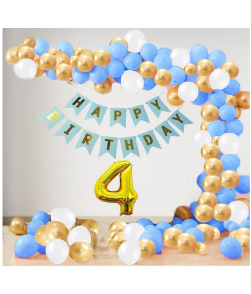     			Jolly Party  4 Year Decoration kit For Boy and Girl Happy-Birthday 62 Pcs Combo Items 20 golden, 20 White 20 Blue balloons and 13 letter happy birthday banner and 4 letter golden foil balloon.