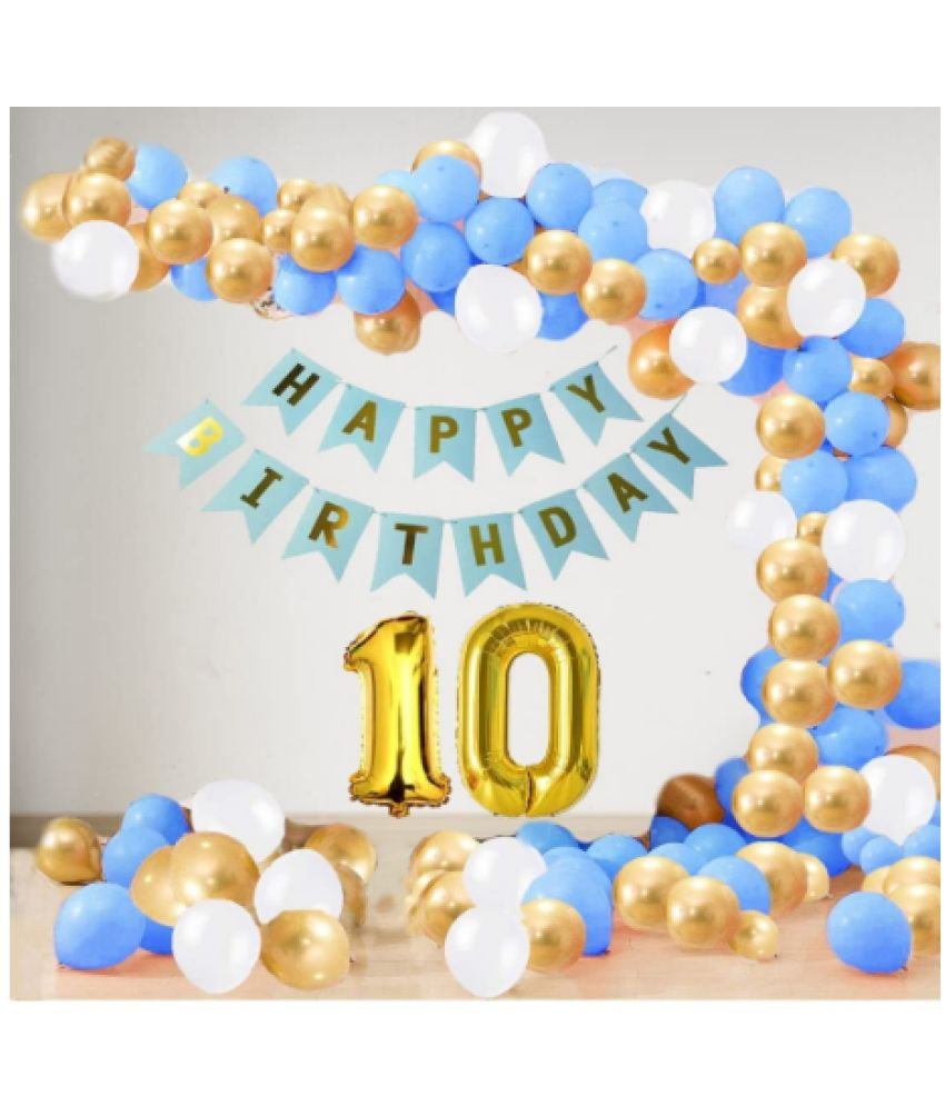     			Jolly Party  10 Year Decoration kit For Boy and Girl Happy-Birthday 62 Pcs Combo Items 20 golden, 20 White 20 Blue balloons and 13 letter happy birthday banner and 10 letter golden foil balloon.