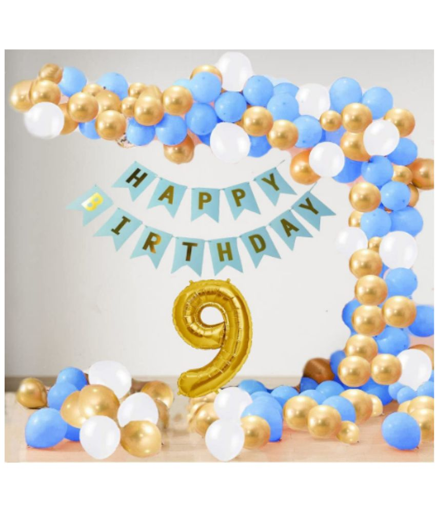     			Jolly Party  9 Year Decoration kit For Boy and Girl Happy-Birthday 62 Pcs Combo Items 20 golden, 20 White 20 Blue balloons and 13 letter happy birthday banner and 9 letter golden foil balloon.