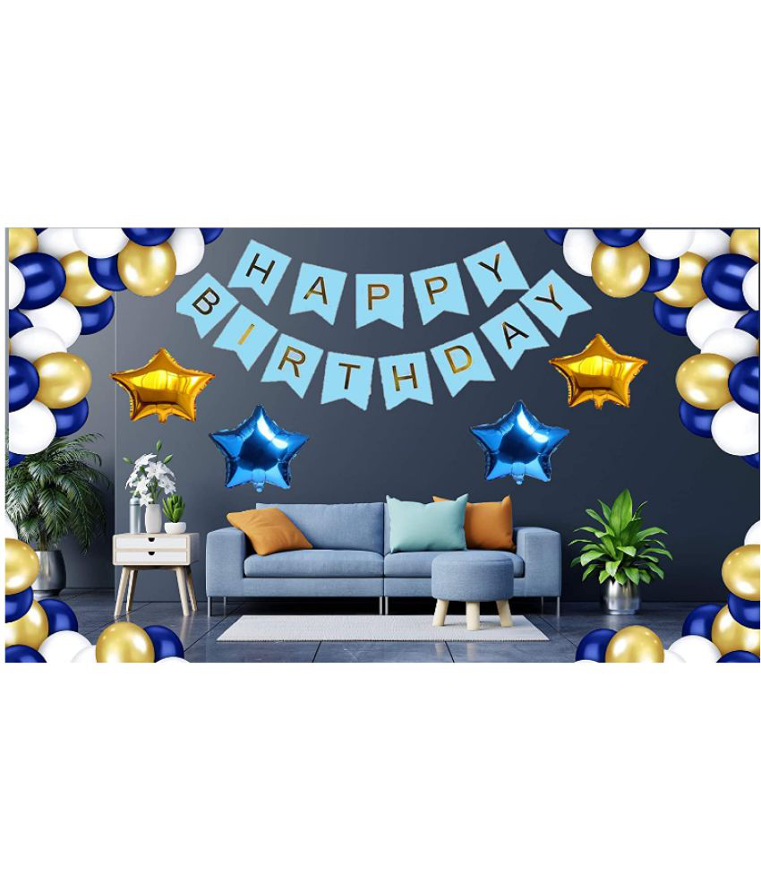     			Jolly Party  Happy Birthday Decoration Items  Blue HBD Banner+ 30 HD Metallic Royal Blue , Gold & White Balloons Decoration +  (2 Gold Star & 2 Royal Blue) Star
