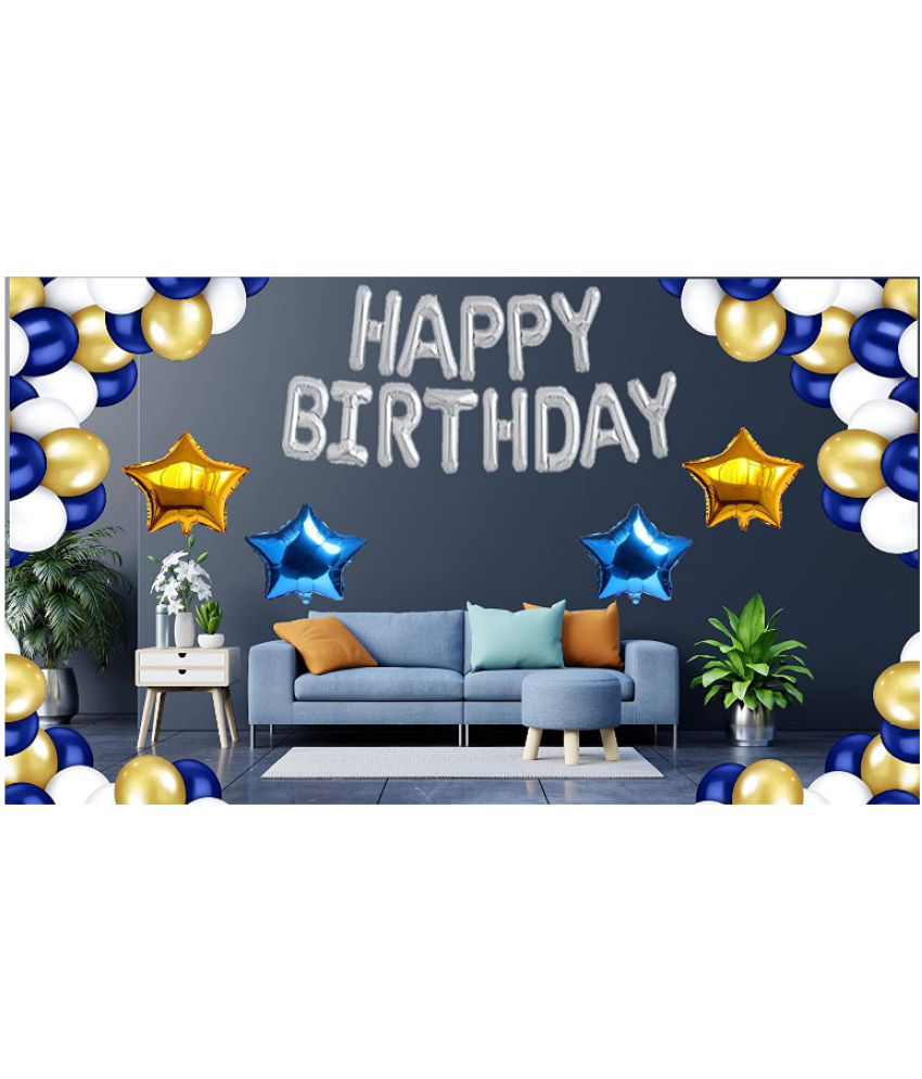     			olly Party  Happy Birthday Decoration Items  silver Foil HBD+ 30 HD Metallic Royal Blue , Gold & White Balloons Decoration +  (2 Gold Star & 2 Royal Blue) Star