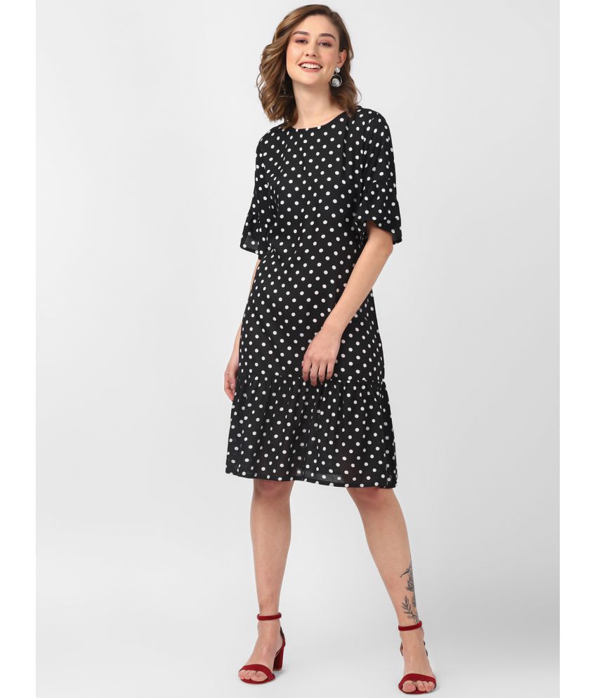     			UrbanMark Women Polka Dot Printed Round Neck Ruffle Sleeve Knee Length Fit & Flare Dress- Black