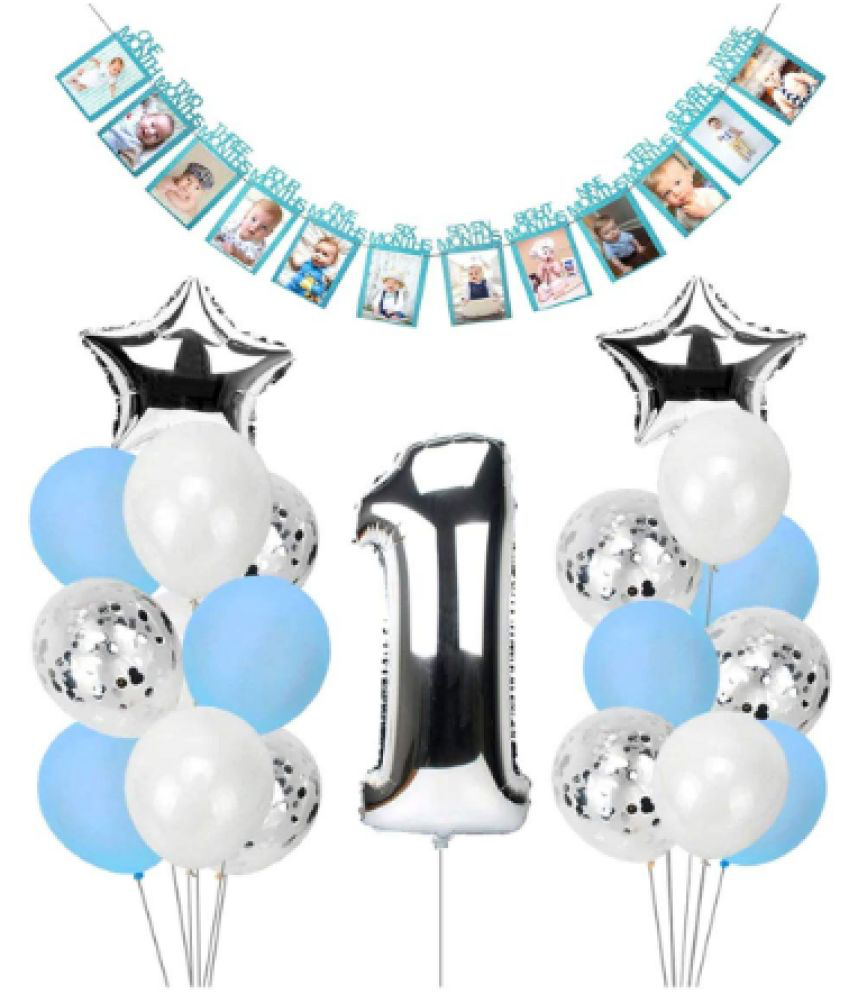     			Jolly Party   1st Birthday Special Combo Set of Number Balloon Photo Bunting Banner Number Metallic & Confetti Balloons Silver & Light Blue
