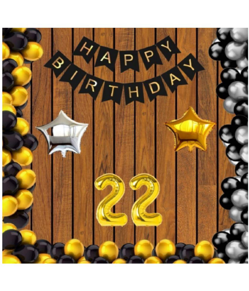     			Jolly Party   22 no Gold Foil Balloons + Happy Birthday Decoration Black Banner Set of 13 Letters with 30 HD Metallic Gold , Silver & Black Balloons + 1 Gold & 1 Silver Star Foil Balloons Pack of 47