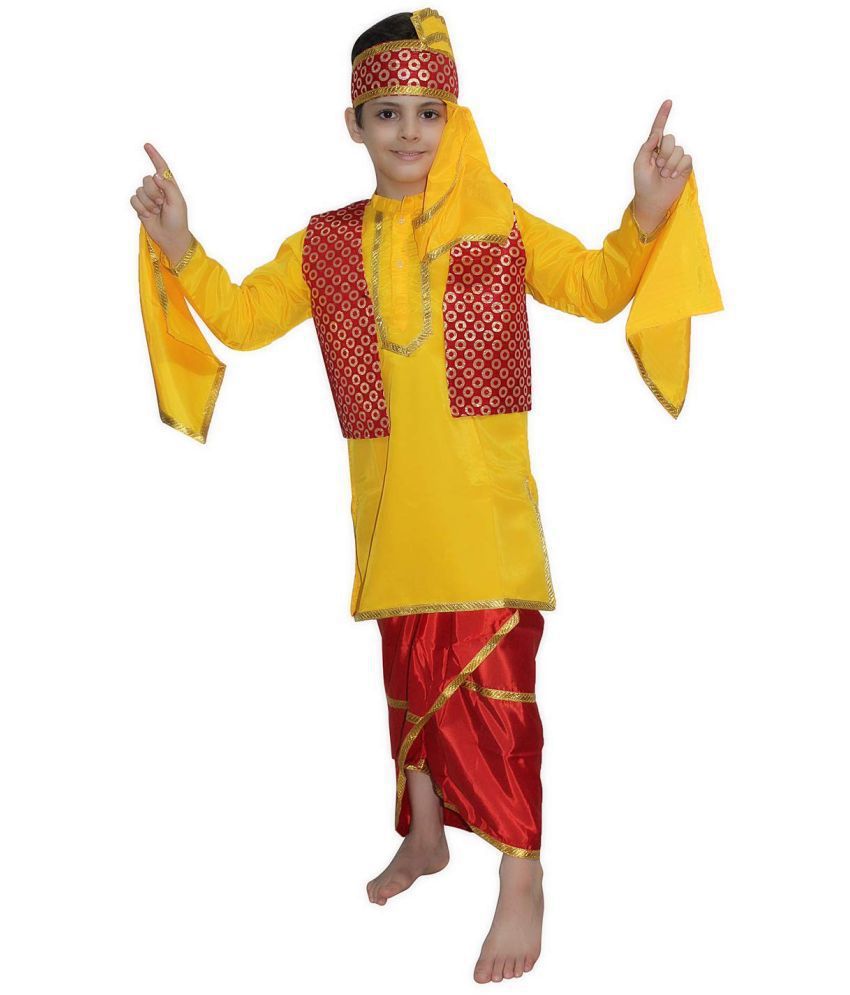     			Kaku Fancy Dresses Indian State Punjabi Folk Dance Costume for Kids / Gidda Dance Costume For Boys - Yellow & Red, 7-8 Years