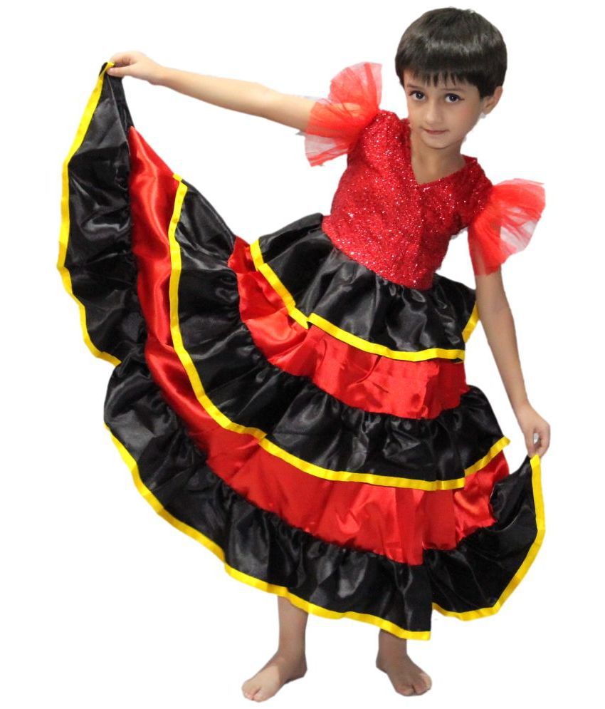     			Kaku Fancy Dresses Spanish Gown | Sinorita Gown | Flamingo Gown | Spanish Flamenco Dance Skirts for Girl | Spanish Dancer Fancy Dress -Multicolor, 3-4 Years, for Girls