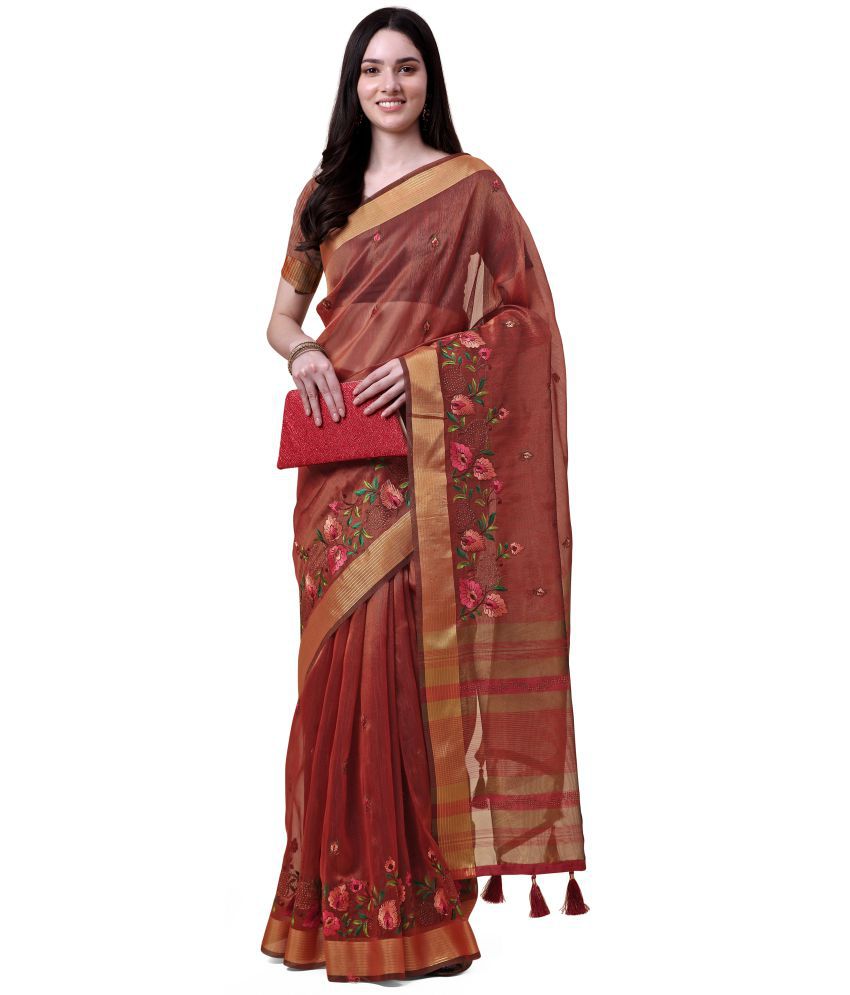     			Rekha Maniyar - Maroon Linen Saree With Blouse Piece ( Pack of 1 )
