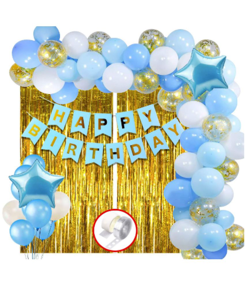     			Jolly Party  blue Happy Birthday Decoration Items Kit Combo Set Birthday Banner Golden Foil Curtain Metallic Confetti Balloons With Hand Balloon Pump And Glue Dot - 60 pieces