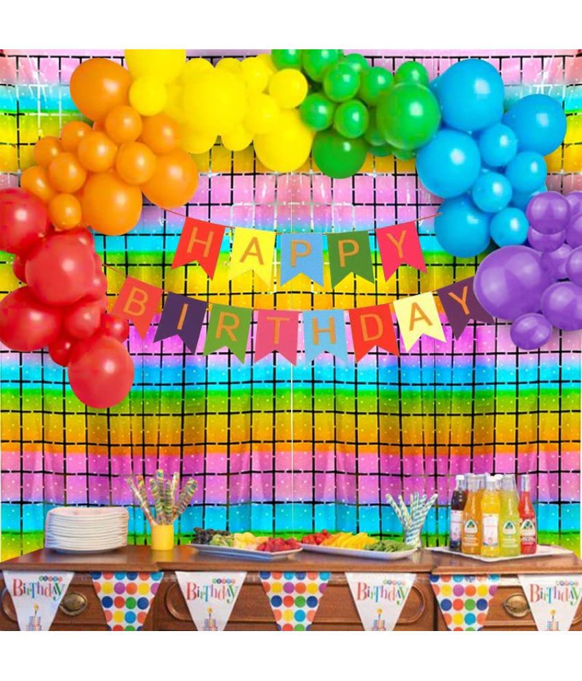     			Party Propz Multicolour Happy Birthday Decoration Kit- 43Pcs Multicolour Balloon Decoration For Birthday, Birthday Banner, Crepe Backdrop/ Rainbow Theme Birthday Decorations