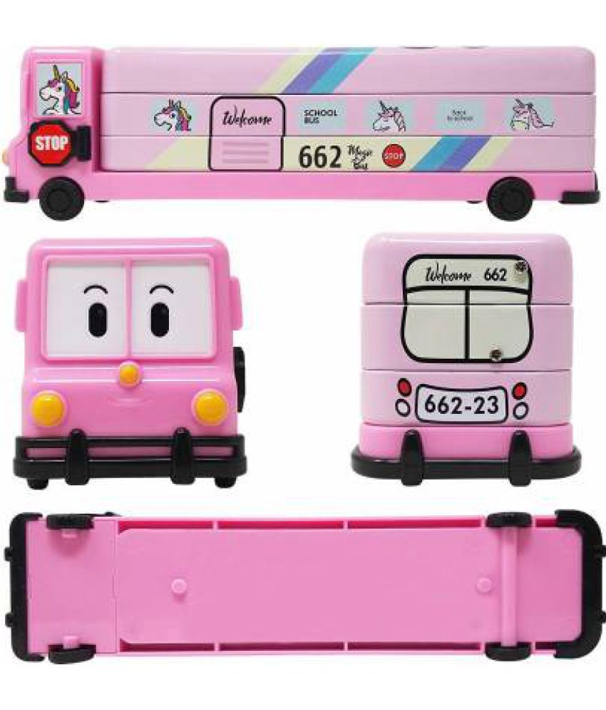     			Pink Magic Bus Shape with Rotating Wheels Art Metal Pencil Box  (Set of 1, Pink)