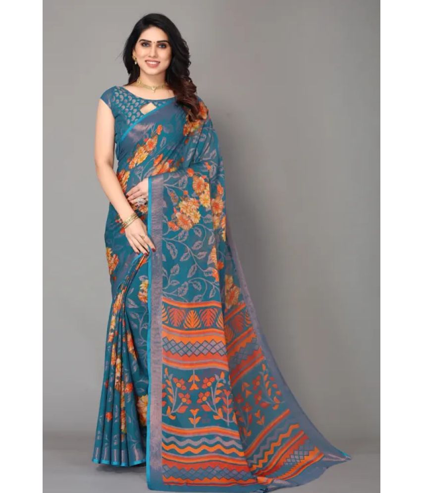     			Sitnjali Lifestyle - SkyBlue Brasso Saree With Blouse Piece ( Pack of 1 )