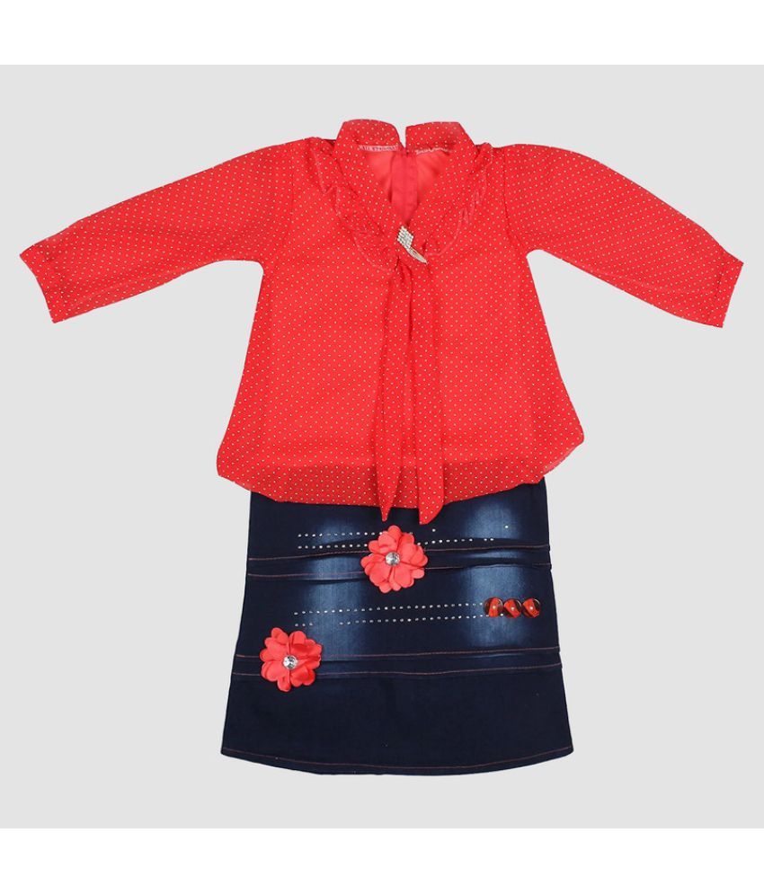     			9stiches - Red Denim Girls Frock ( Pack of 1 )