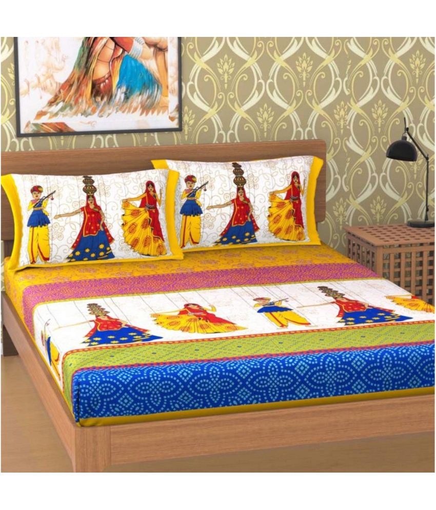     			FrionKandy Living Cotton Ethnic Double Bedsheet with 2 Pillow Covers-Multi Color
