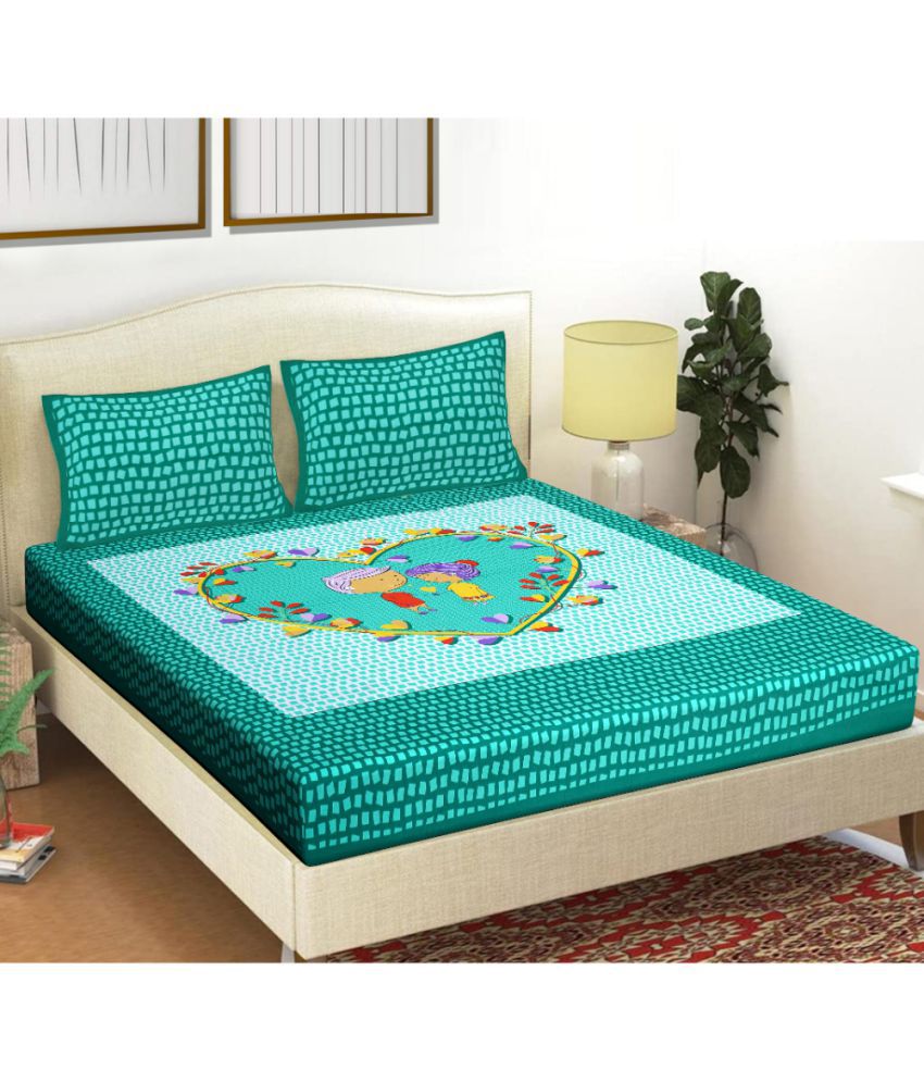     			FrionKandy Living Cotton Floral Double Bedsheet with 2 Pillow Covers-Turquoise
