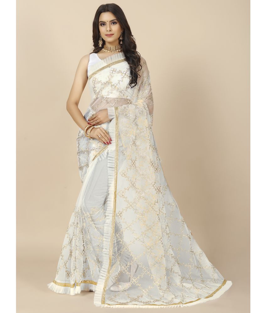 Rangita Women Gotta Patti Net Saree With Blouse Piece - White