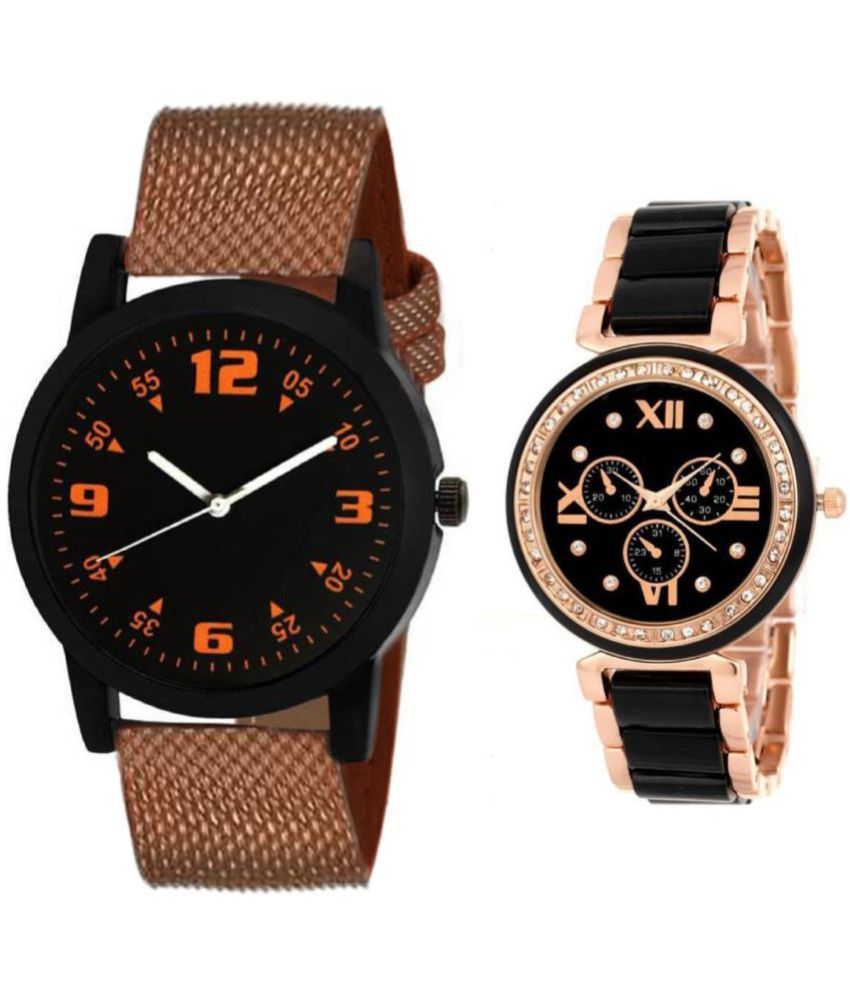     			newmen - Brown PU Analog Couple's Watch