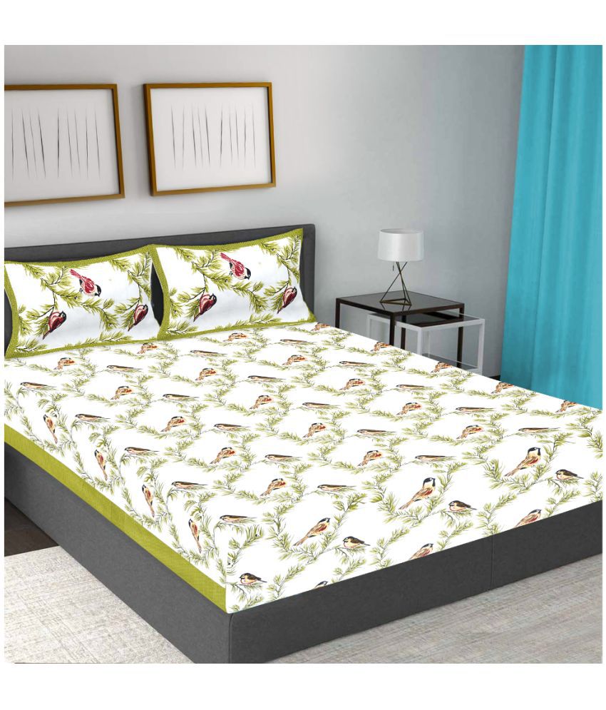     			FrionKandy Living Cotton Birds Double Bedsheet with 2 Pillow Covers-Green