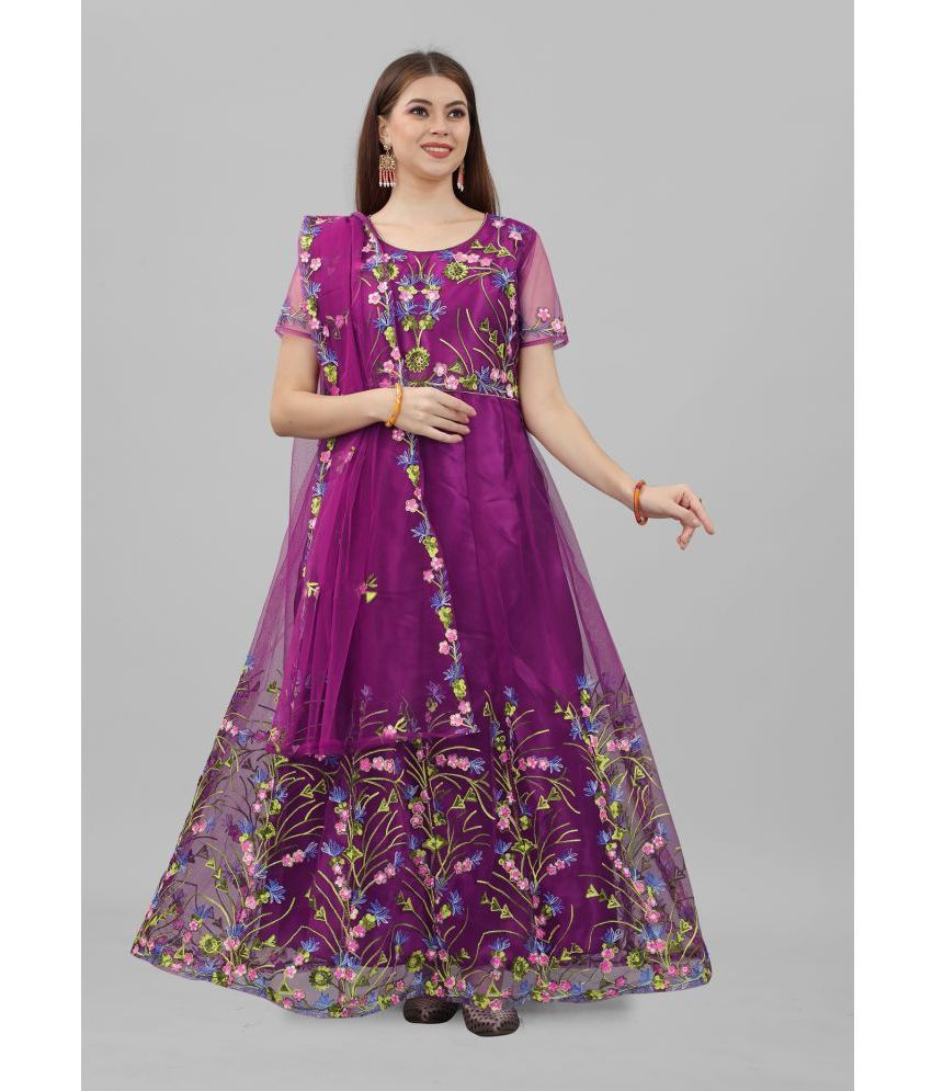     			JULEE - Purple Anarkali Net Women's Semi Stitched Ethnic Gown ( Pack of 1 )