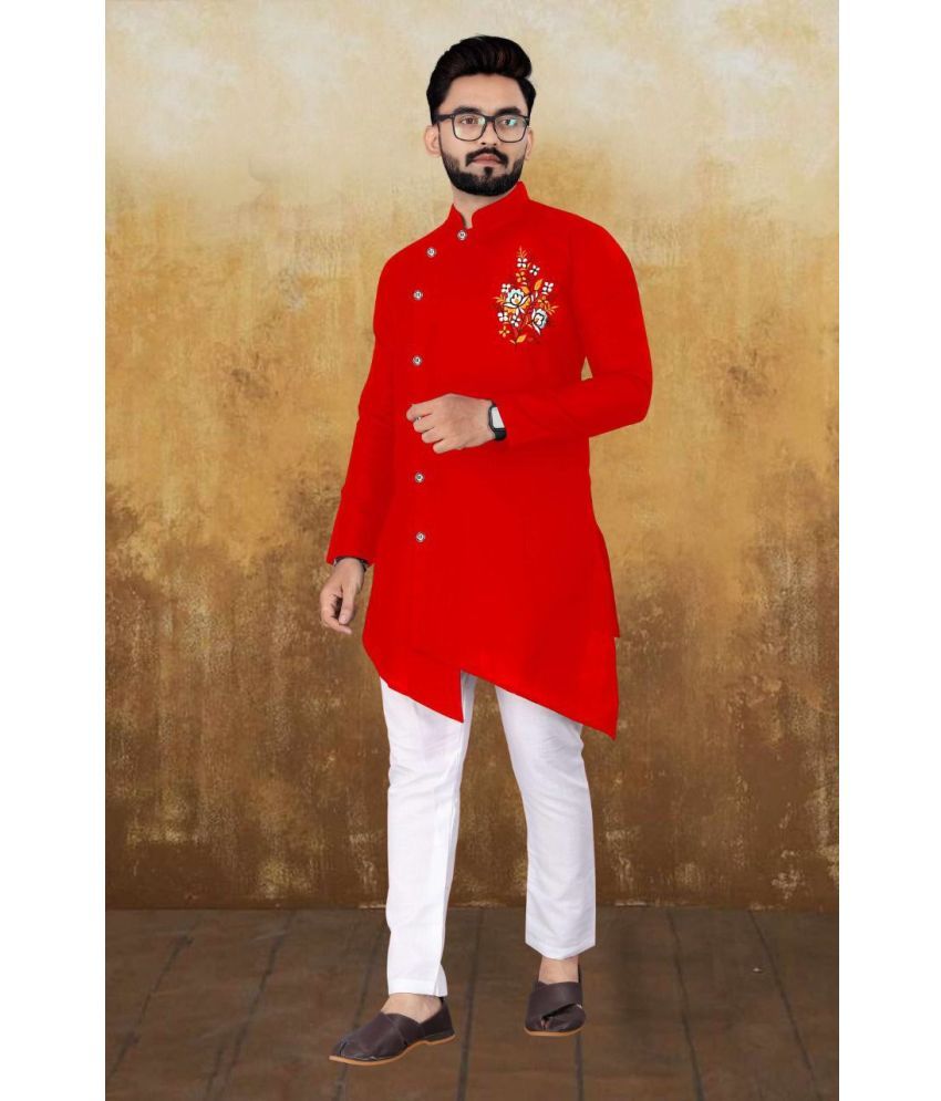     			Kunj Creation - Red Cotton Regular Fit Men's Kurta Pyjama Set ( Pack of 1 )