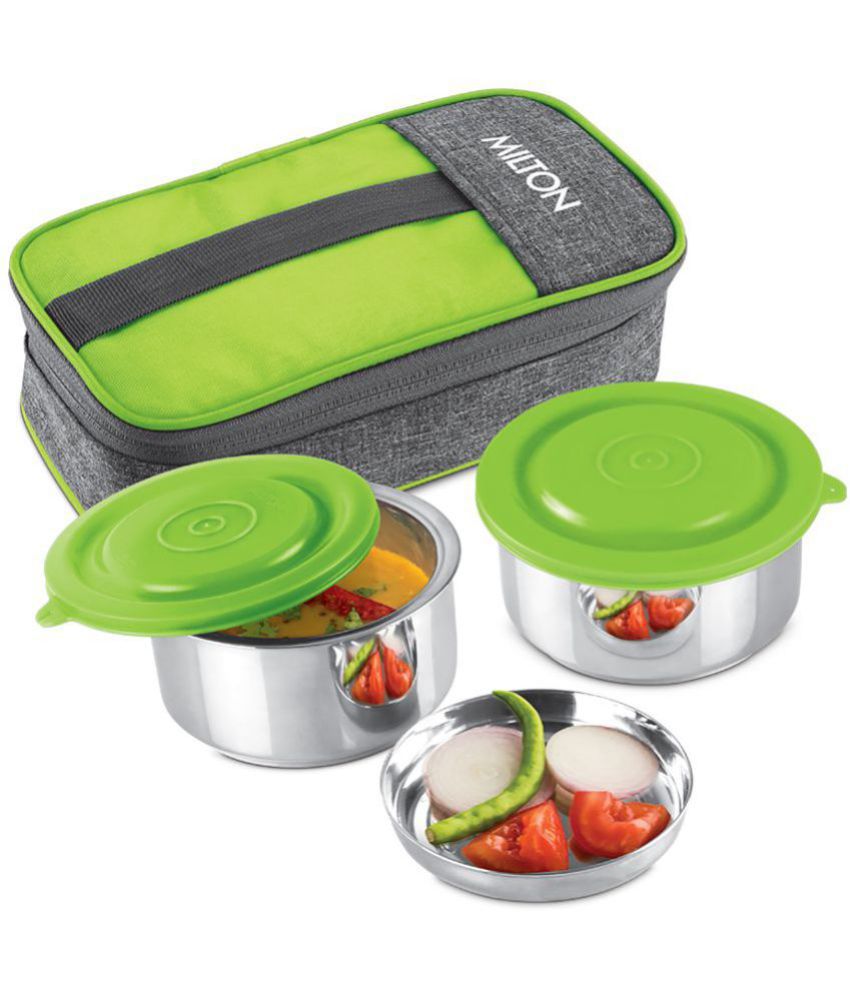     			Milton Pasto Lunch Box 2 Double Wall Stainless Steel Containers 350ml & Denim Insulated Jacket Green