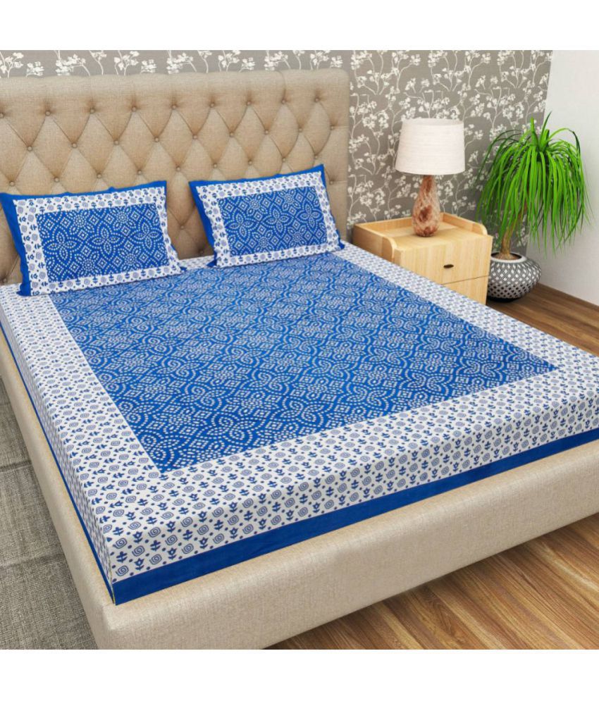     			FrionKandy Living Cotton Ethnic Double Bedsheet with 2 Pillow Covers-Blue