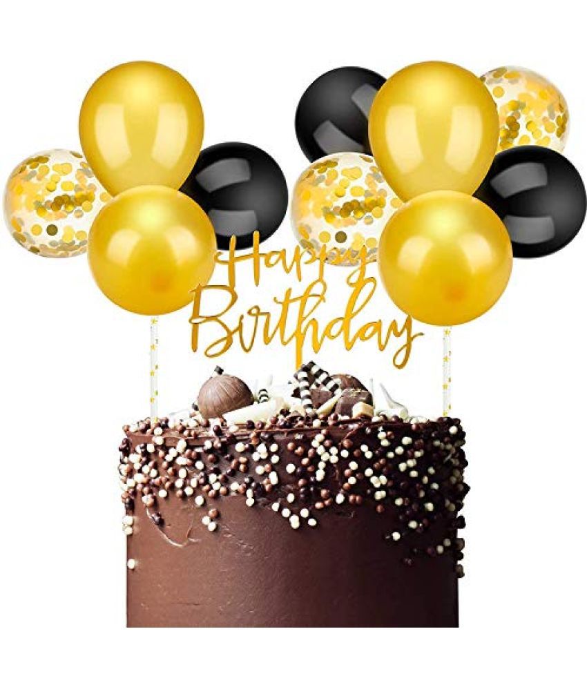     			Lalantopparties Balloons Cake Toppers 5 Inch With 10 Mini Balloons With 2 Sticks & 2 Tape For Cake Decorations Black Gold & Confetti Gold Balloon Pack Of 1