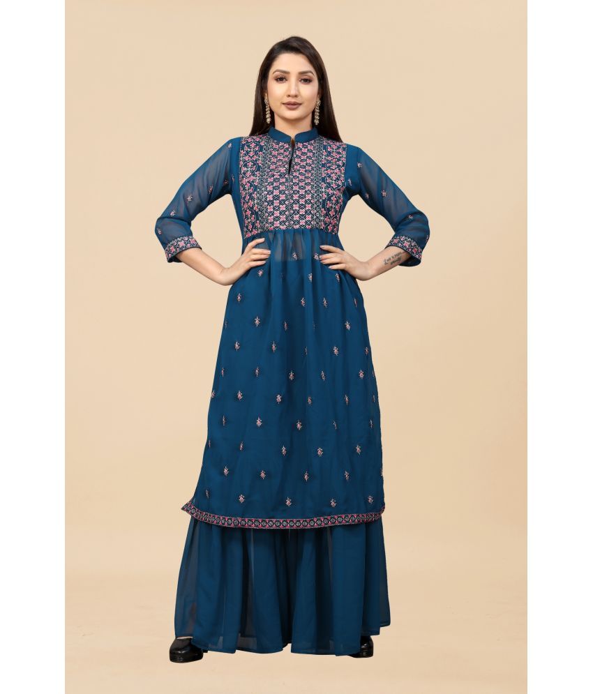     			Apnisha - Blue Straight Georgette Women's Stitched Salwar Suit ( Pack of 1 )