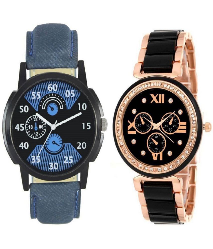     			newmen - Blue Leather Analog Couple's Watch