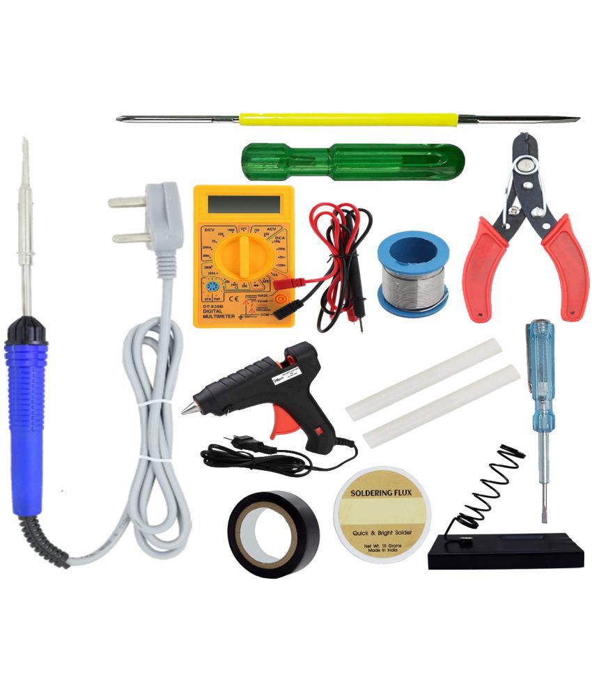     			ALDECO: ( 12 in 1 ) 25 Watt Soldering Iron Kit With - Blue Iron, Wire, Flux, Stand, Cutter, Tester, Tape, 2 in 1 Screw Driver, Glue Gun, 2 Glue Stick, Digital Multemetr