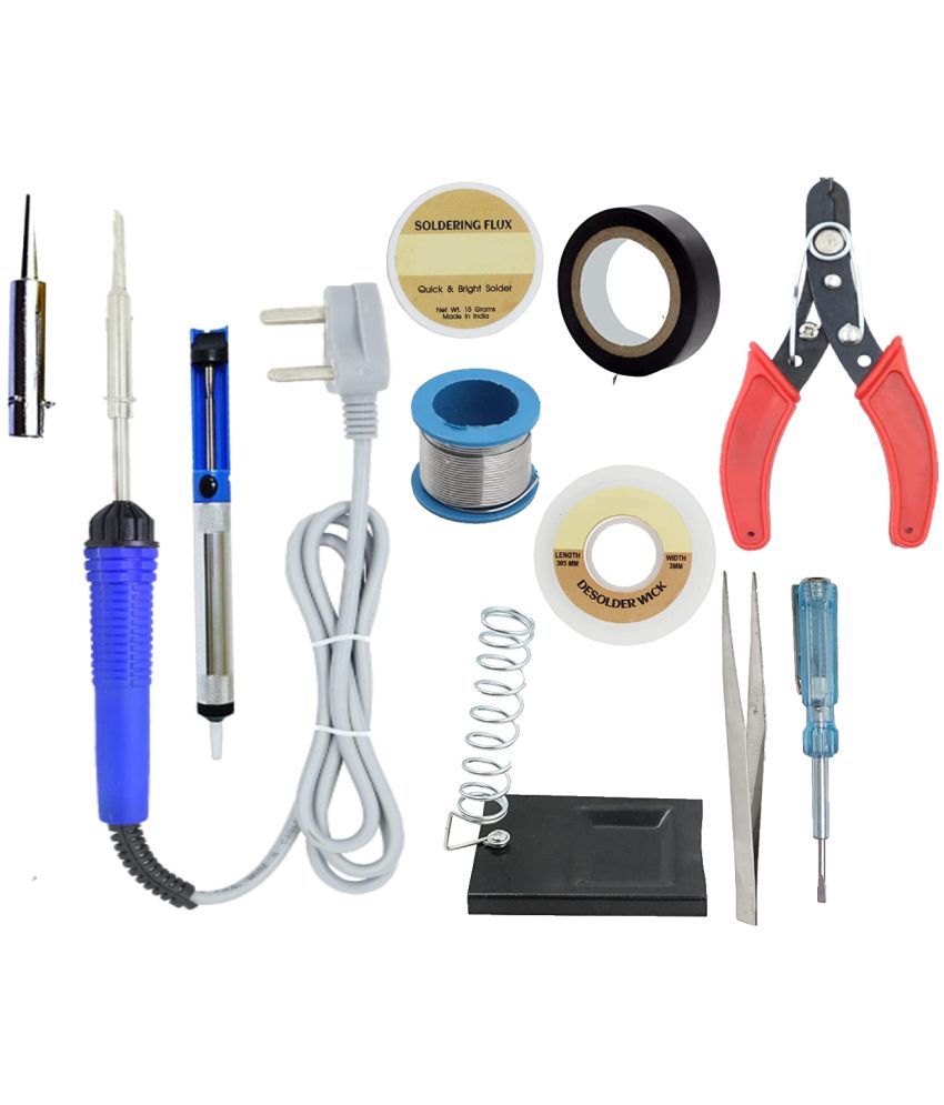     			ALDECO: ( 11 in 1 ) 25 Watt Soldering Iron Kit With- Blue Iron, Wire, Flux, Wick, Tape, Stand, Bit,Tester, Cutter, Tweezer, Desoldering, Pump