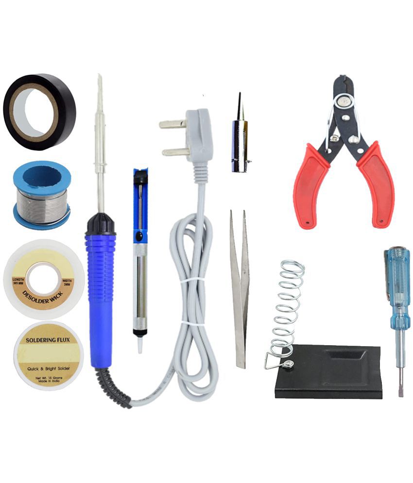     			ALDECO: ( 11 in 1 ) 25 Watt Soldering Iron Kit With- Blue Iron, Wire, Flux, Wick, Tape, Stand, Desoldering Pump, Tester, Tweezer, Bit, Cutter