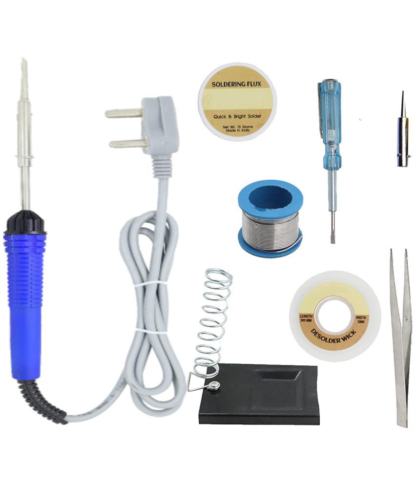     			ALDECO: ( 8 in 1 ) 25 Watt Soldering Iron Kit With- Blue Iron, Wire, Flux, Wick, Stand, Tester, Bit, Tweezer