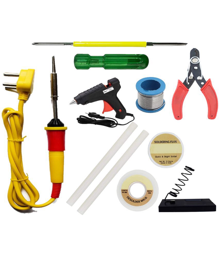     			ALDECO: ( 10 in 1 ) Soldering Iron Kit contains- Yellow Iron, Wire, Flux, Wick, 2 in 1 Screw Driver, Glue Gun, 2 Glue Stick, Stand, Cutter