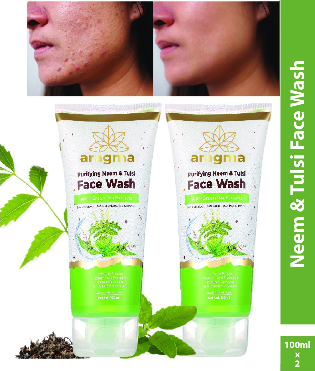 Aragma Purifing Neem Tulsi Face Wash with green extracts, 100 ml | Pack of 2