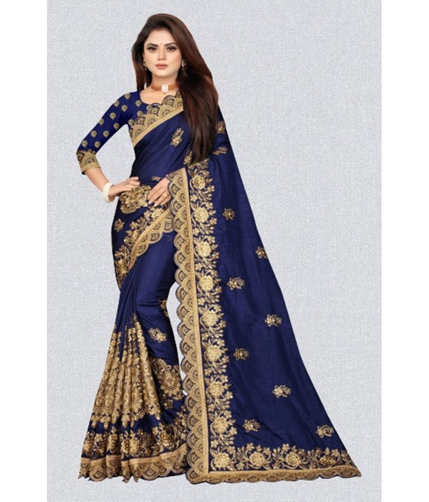     			VEGINI DESIGNER - Navy Blue Silk Blend Saree With Blouse Piece ( Pack of 1 )