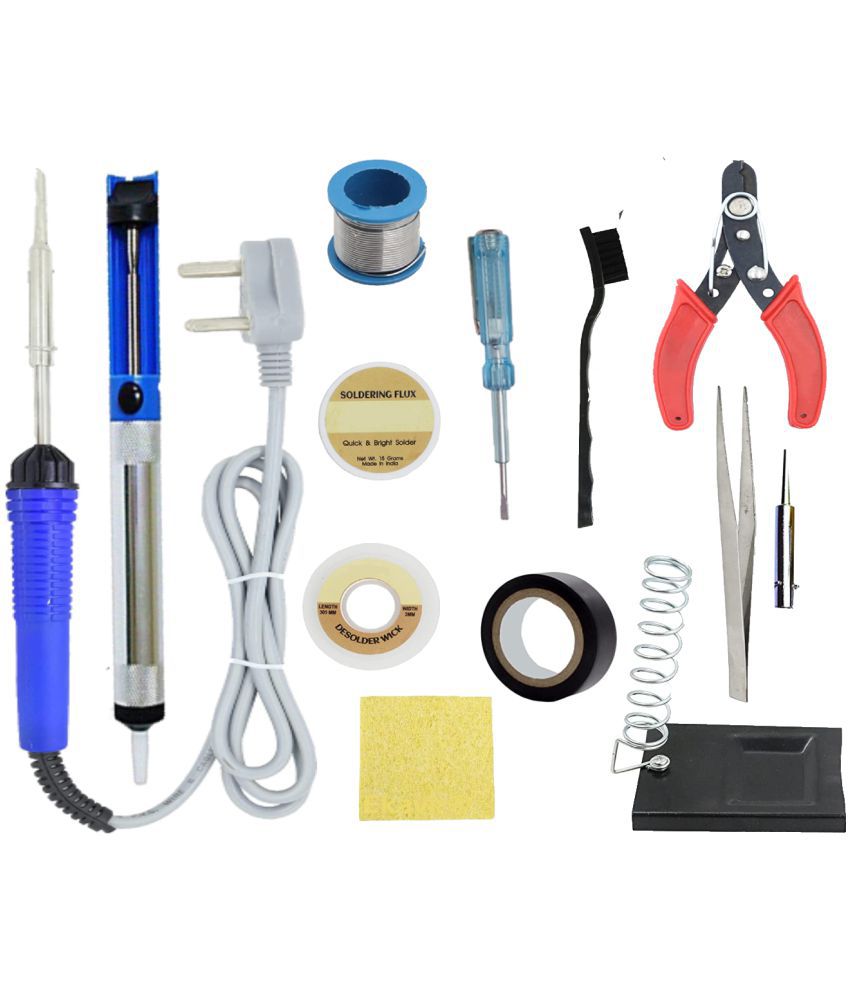     			ALDECO: ( 13 in 1 ) 25 Watt Soldering Iron Kit With- Blue Iron, Wire, Flux, Wick, Stand, Sponge, Tweezer, Tester, Brush, Tape, Desoldering Pump, Cutter, Bit