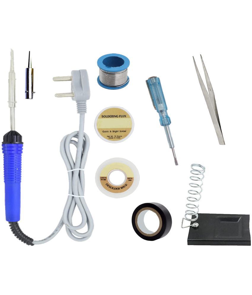    			ALDECO: ( 9 in 1 ) Soldering Iron Kit contains- Blue Iron, Wire, Flux, Wick, Stand, Tape, Bit, Tweezer, Tester
