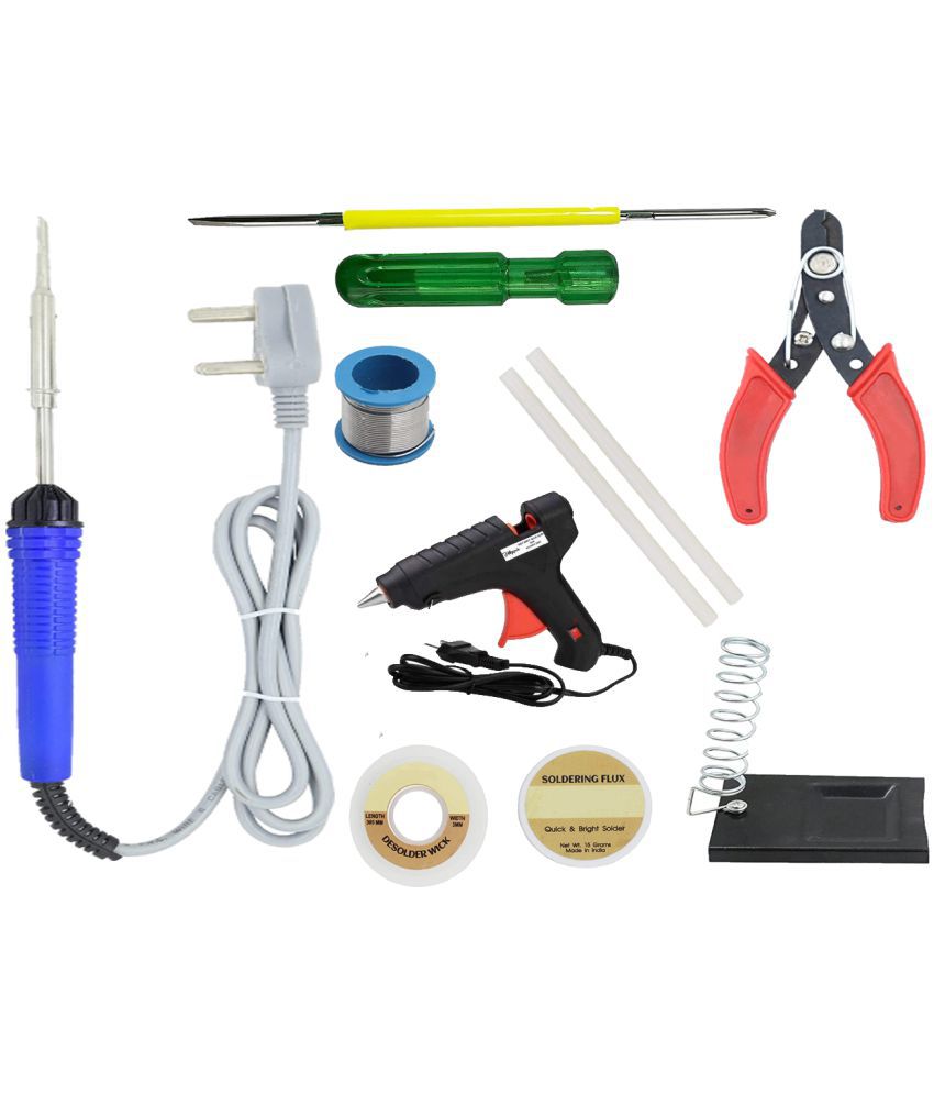     			ALDECO: ( 10 in 1 ) SOLDERING IRON 25 Watt Professional Kit - Blue Iron, Wire, Flux, Wick, Cutter, 2 In 1 Screw Driver, Stand, Glue Gun, 2 Glue Stick