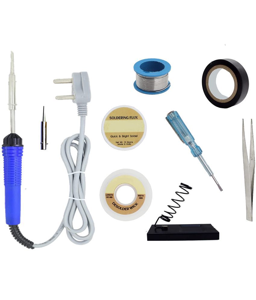     			ALDECO: ( 9 in 1 ) 25 Watt Soldering Iron Kit With- Blue Iron, Wire, Flux, Wick, Stand, Tape, Tweezer, Tester, Bit