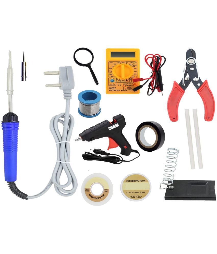     			ALDECO: ( 14 in 1 ) SOLDERING IRON 25 Watt Professional Kit - Blue Iron, Wire, Flux, Wick, Stand, Tape, Lense, Cutter, Tester, Bit, Glue Gun, 2 Glue Stick, Digital Multimeter