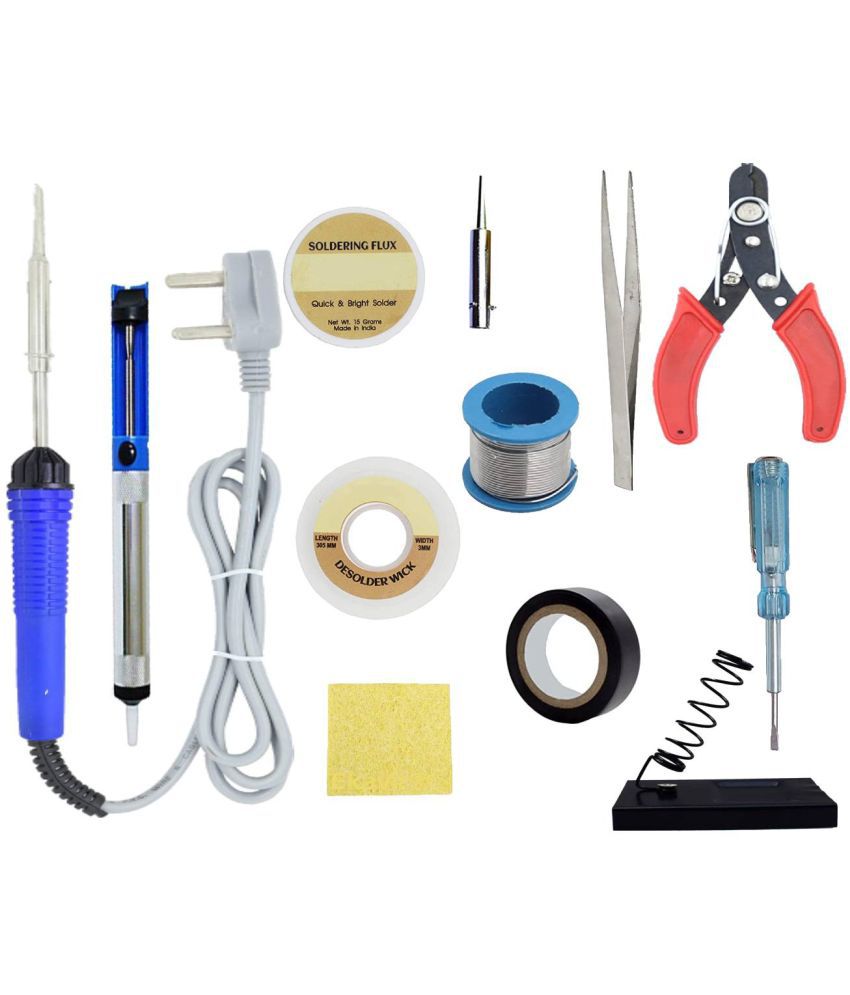     			ALDECO: ( 12 in 1 ) Soldering Iron Kit contains- Blue Iron, Wire, Flux, Wick, Stand, Cutter, Bit, Sponge, Tape, Tweezer, Tester, Desoldering Pump