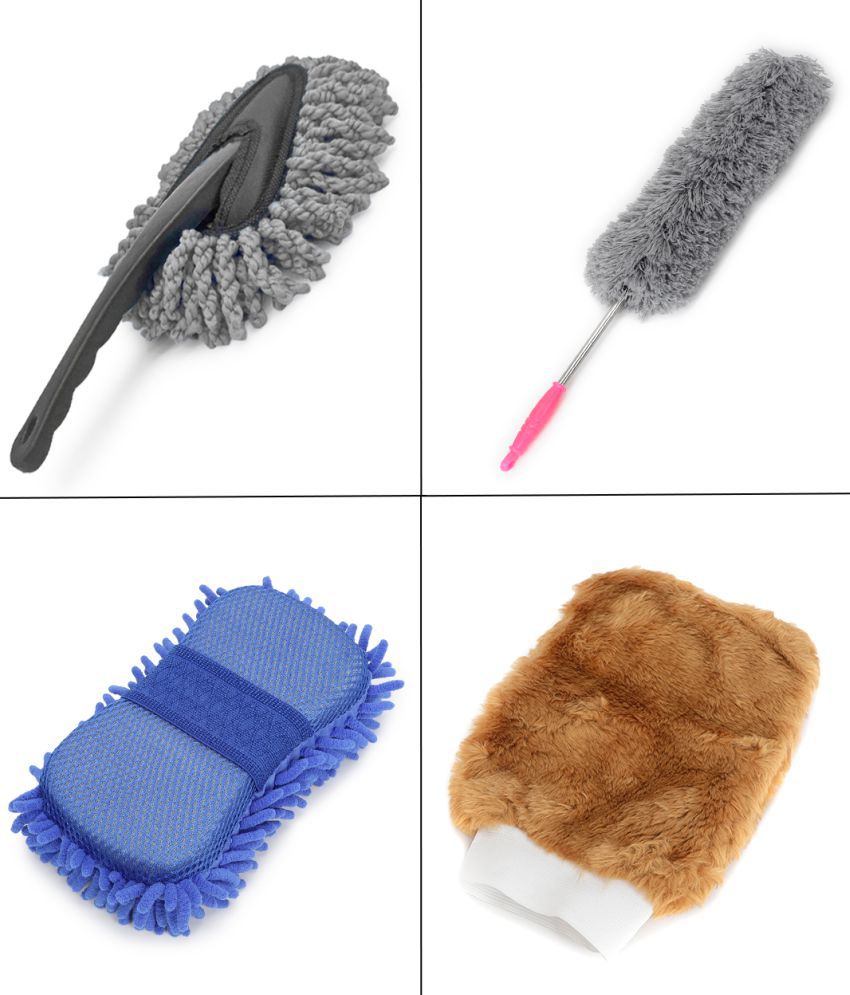     			HOMETALES - Car Cleaning Combo Of Microfiber Sponge Wool Gloves , Mini Duster And Feather Duster for car accessories( Pack Of 4)