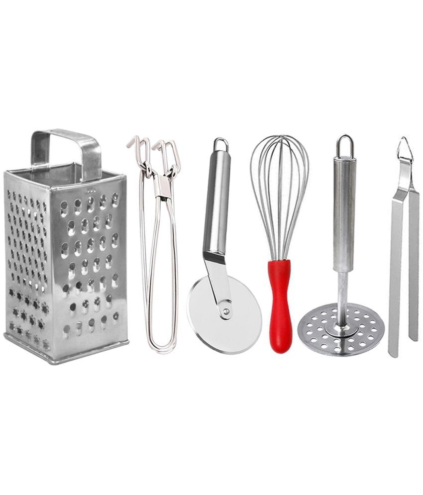     			JISUN - Silver Stainless Steel Grater-Pakkad-Pizza-Whisk-Chimta-Masher ( Set of 6 )